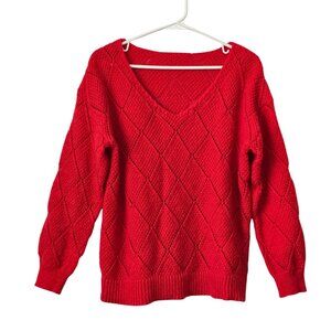 Red Knit Long Sleeve Deep V-Neck Sweater Size Small